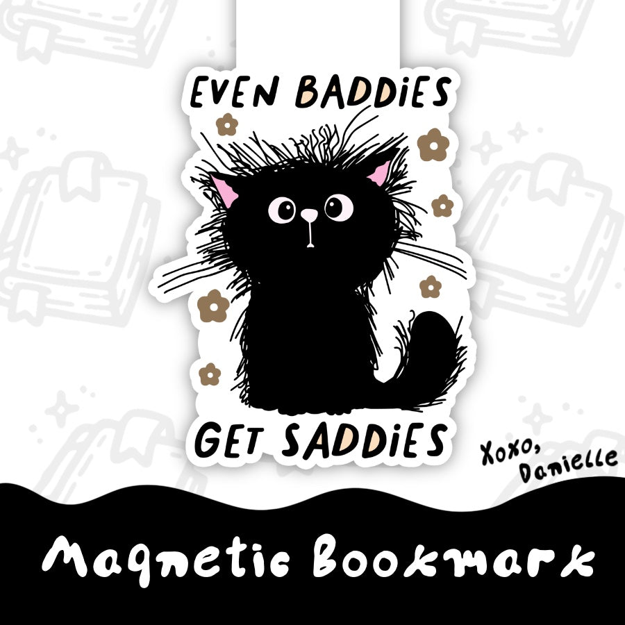 cute black cat magnetic bookmark with funny quote
even baddies get baddies cat bookmark on book page
spooky cute black cat bookmark aesthetic
kawaii black cat bookmark gift for readers